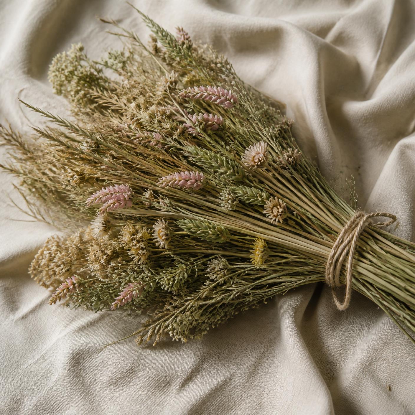 A hand-tied botanical composition of long-stem grasses, sainfoin and herbs on natural linen